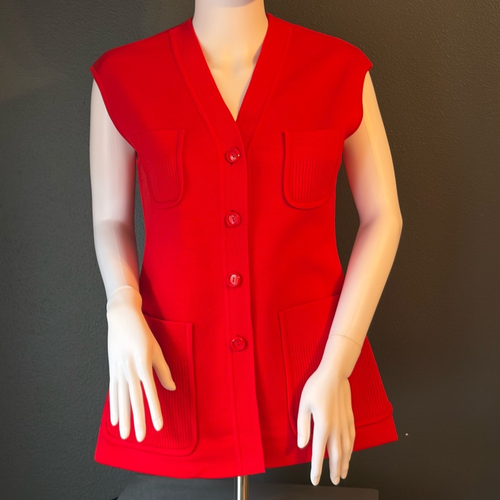 Vintage 60s 70s Vibrant Red Sleeveless Button-Up Vest Sz Medium